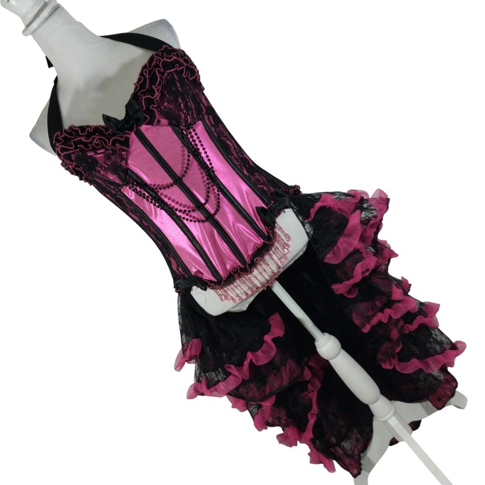 INCHARACTER COSTUMES! FUSCHIA PINK & BLACK SALOON GIRL ELABORATE DRESS! SZ L